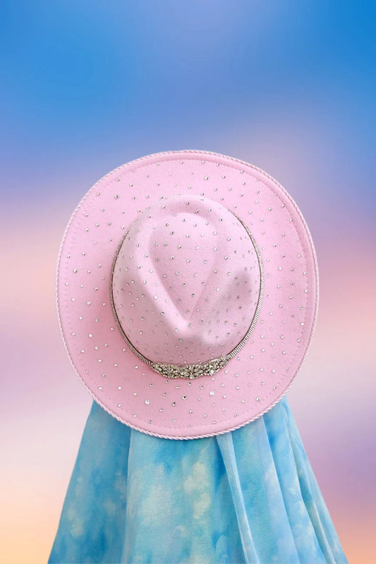 Top view of baby pink fedora with sparkling pink glitter underbrim.
