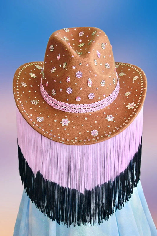 Deep camel brown cowboy hat with pink rhinestones and floral embellishments.