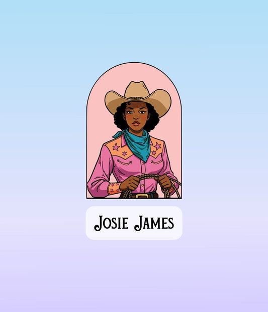 Illustrated Josie James cowgirl sticker featuring a pink background and decorative Western border.