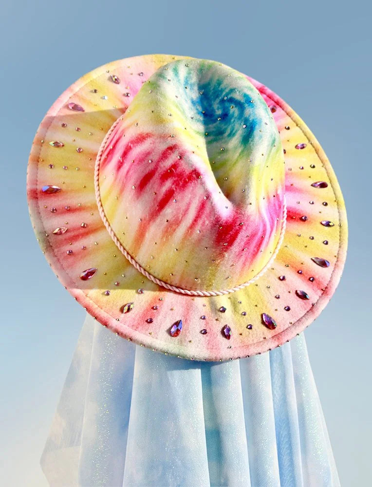 Pastel tie-dye fedora with iridescent teardrop gems and twisted rope band, front angled view.