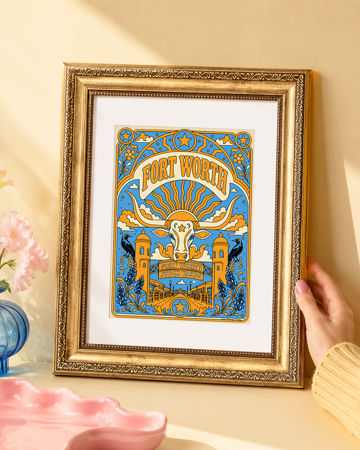 Fort Worth, Texas art print with a white mat displayed in an ornate vintage-style gold frame