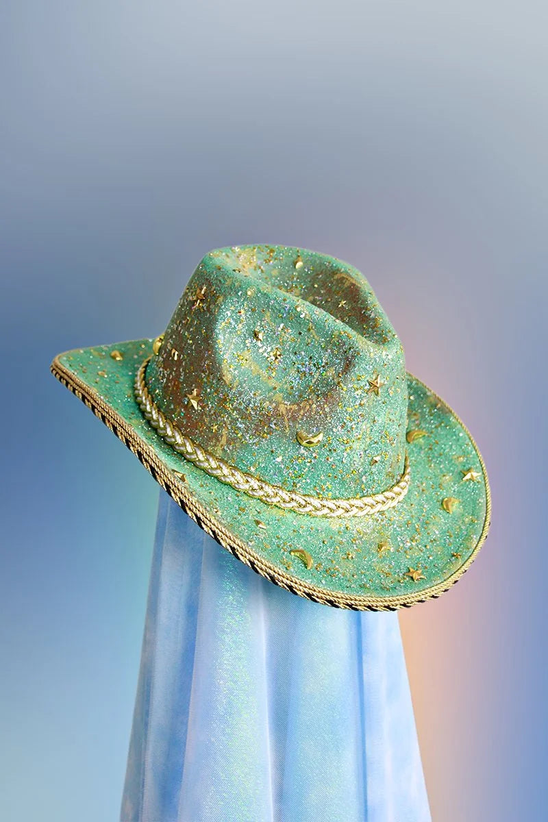 Front view of the Galactic cowboy hat in greenish brown with moon and star rhinestones, gold trim, and teal glitter detailing.