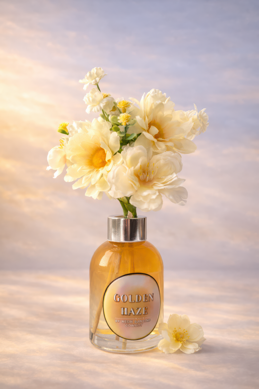 Golden Haze reed diffuser in a clear glass bottle with golden liquid and yellow floral stems against a warm gradient background.