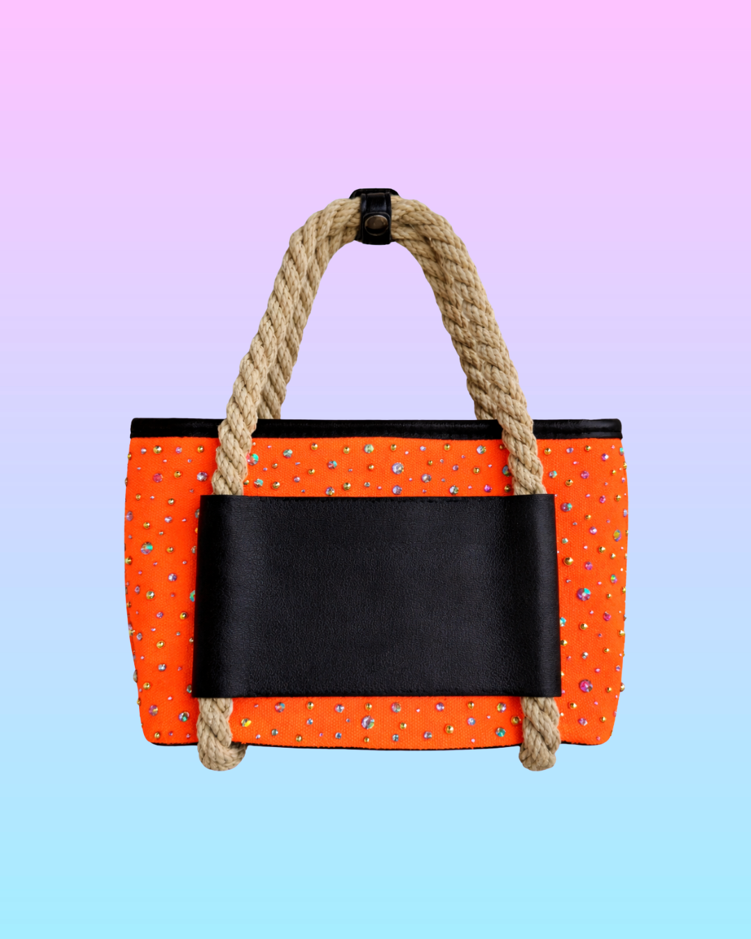 Back view of the High Noon Mini Tote with neon orange sides, rope handles, rhinestones, and black vegan leather panel.
