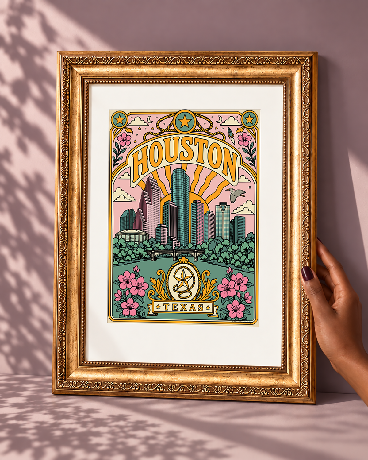 Houston Texas wall art displayed with a white mat in an ornate antique-style gold frame.