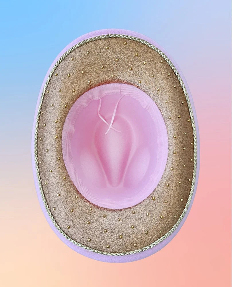 Champagne glitter underside of puppies and pearls cowboy hat.