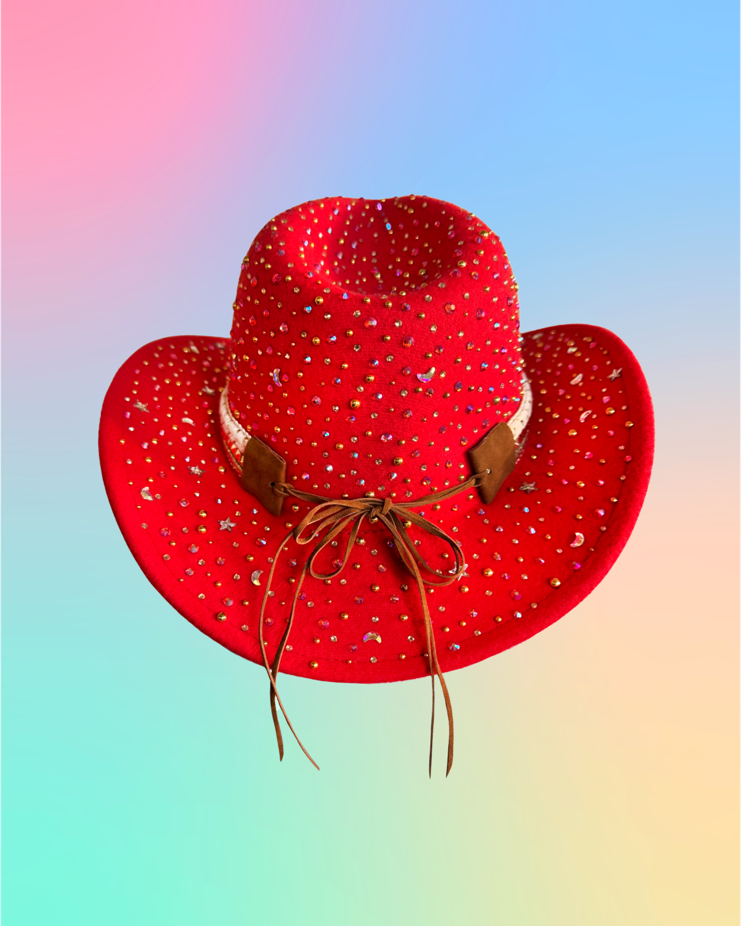 Back view of red rhinestone cowboy hat with adjustable suede ties and wide brim.