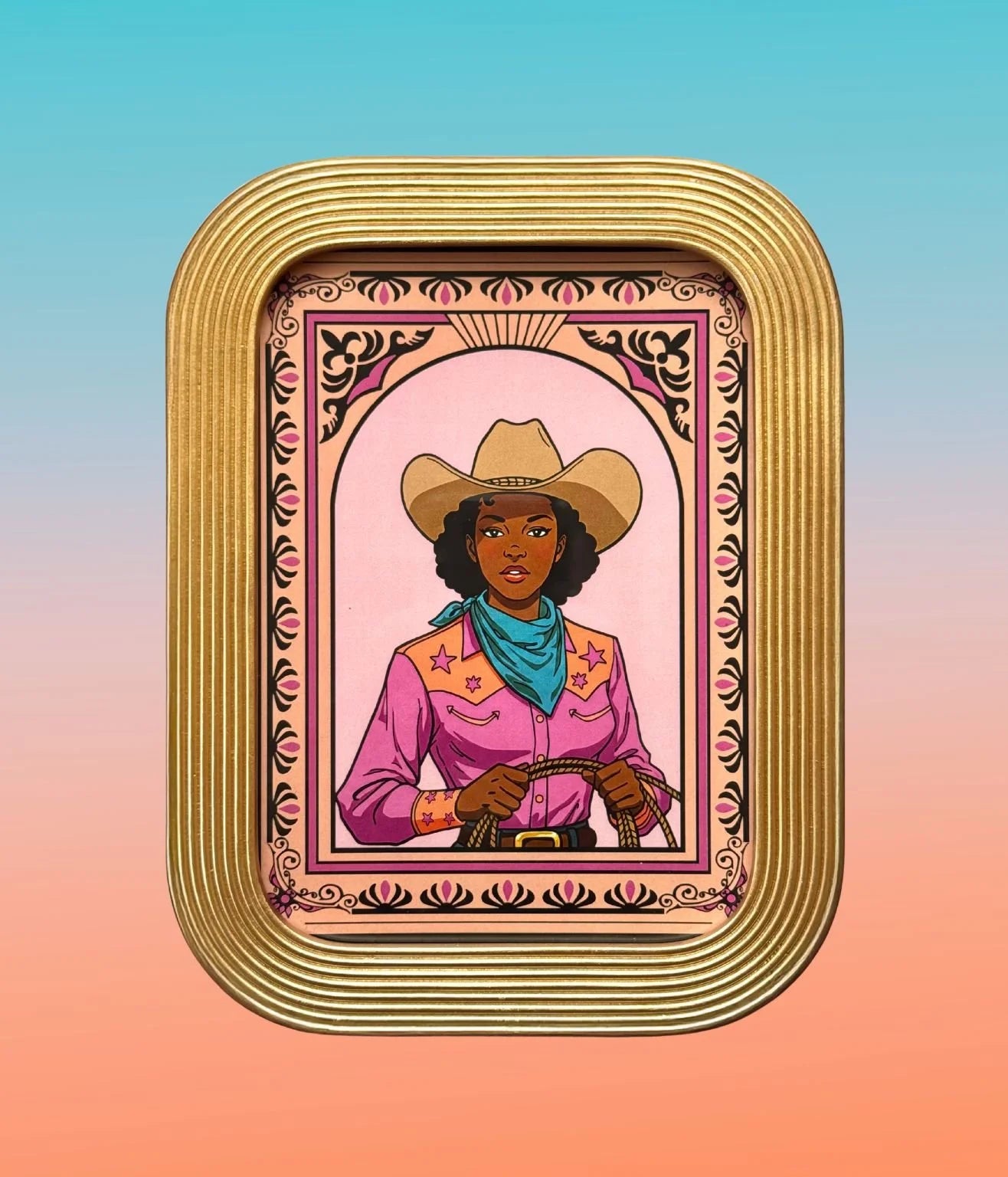 Framed cowgirl art print in a scalloped gold retro frame on a pastel gradient background.