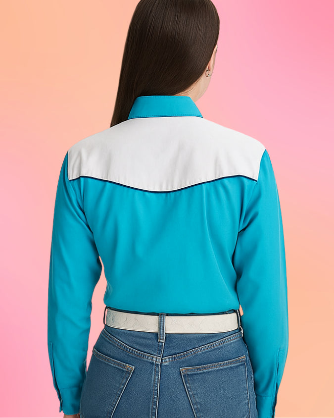 Back view of teal western shirt featuring white yoke panel and long sleeves.