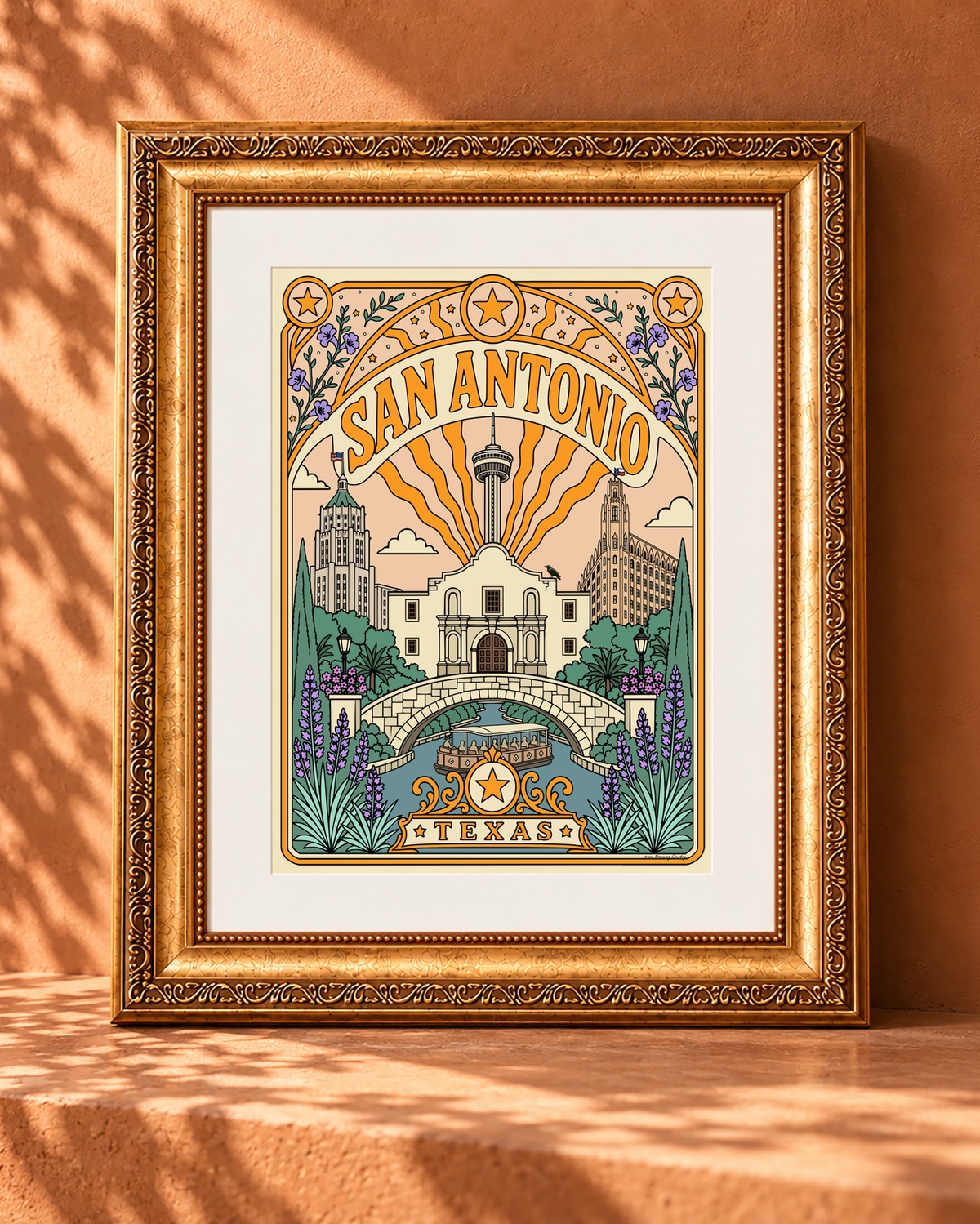 San Antonio Texas vintage-style poster displayed with a white mat in an ornate antique-style gold frame.