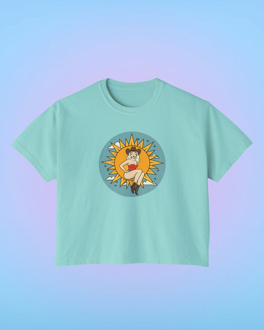 Chalky Mint cropped t-shirt with Sun Goddess illustrated artwork printed on the front.