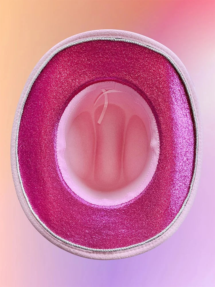 Underside of sushi cowboy hat with sealed magenta glitter and silver trim.