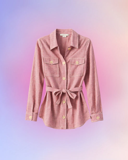 Vintage W by Worth utility shirt jacket in soft pink and olive check, women’s XS, front view with structured collar and chest flap pockets.