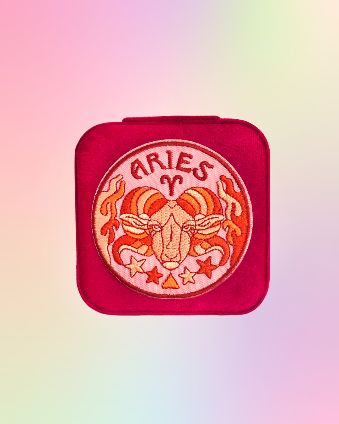 Aries zodiac sign design on a square, red, jewelry case on a gradient background.