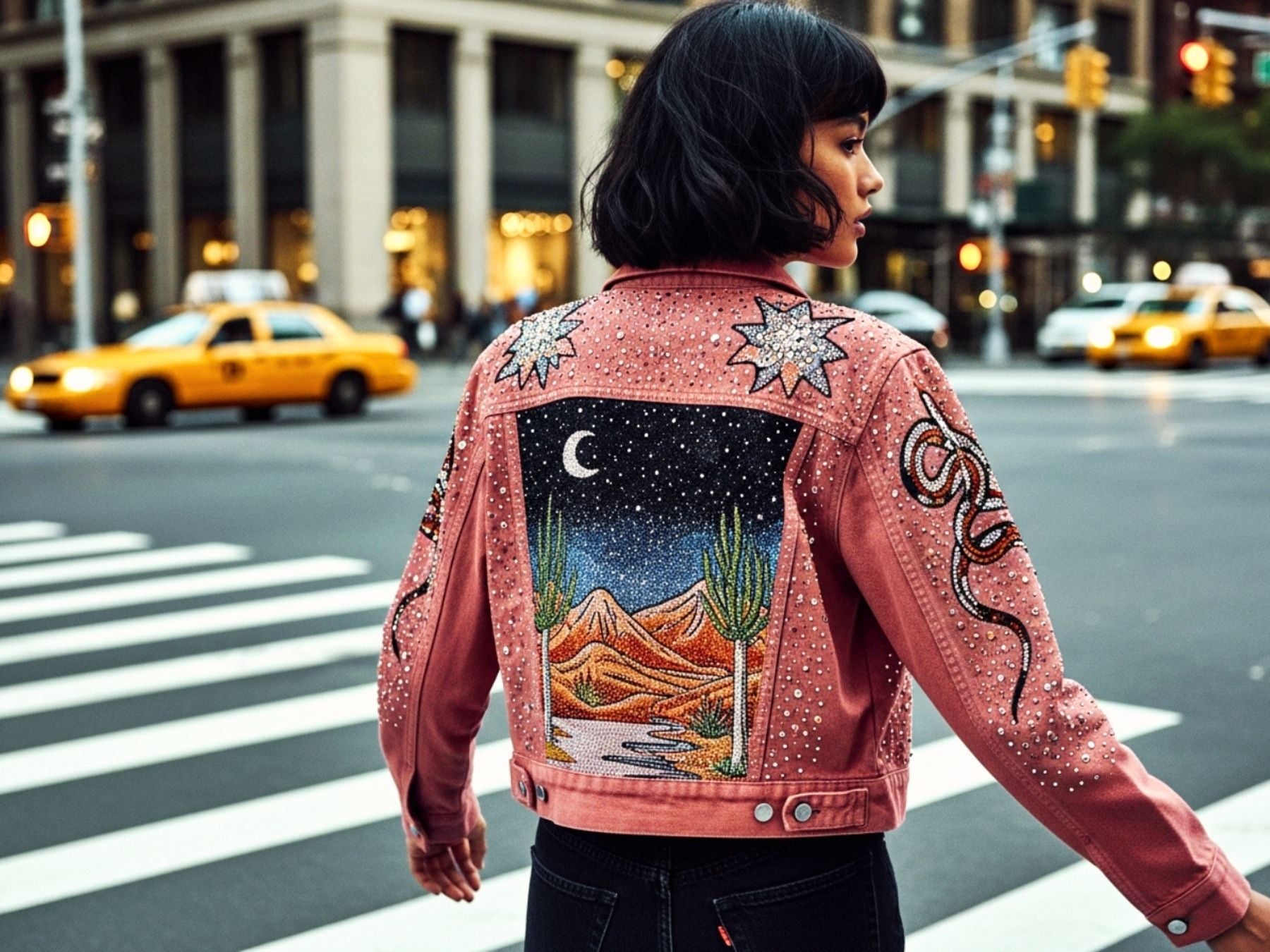 Person wearing a pink jacket with a desert scene design on a city street.