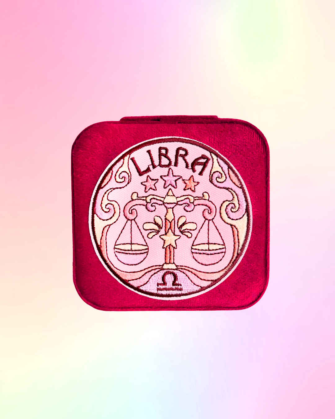 Libra zodiac sign design on a square, red, jewelry case on a gradient background.