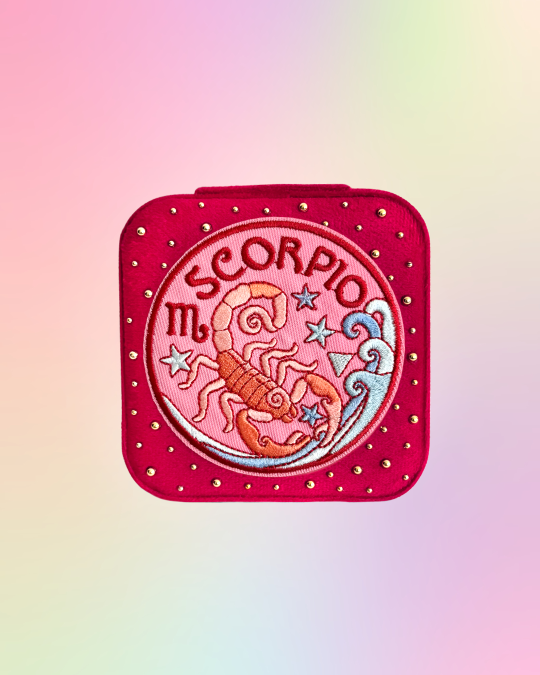 Scorpio velvet zodiac jewelry box with embroidered zodiac patch and gold rhinestone details.