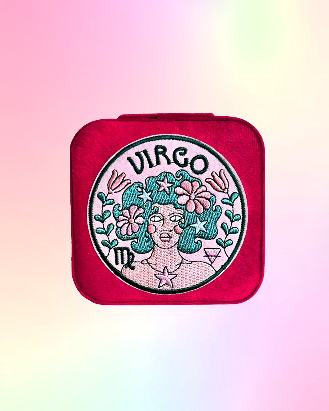 Virgo zodiac sign design on a square, red, jewelry case against a pastel gradient background.
