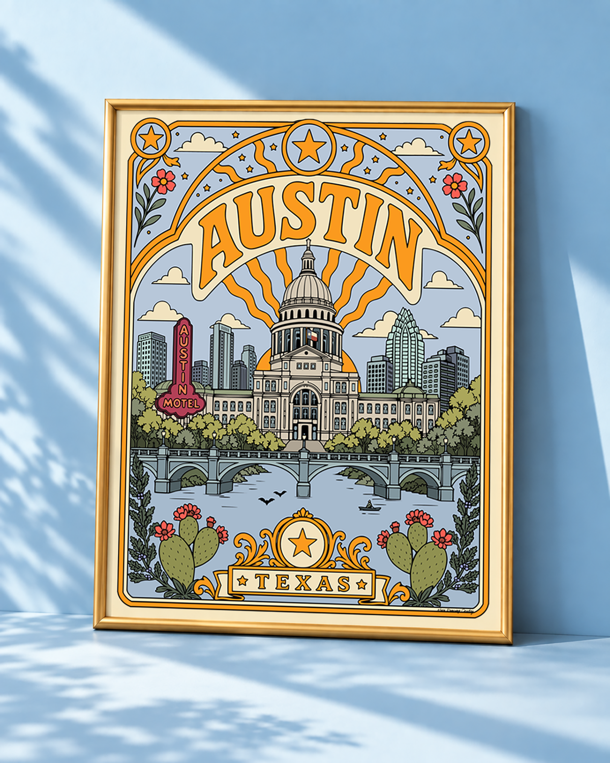 Austin Texas art print displayed without a mat in a slim modern gold frame against a soft blue backdrop.