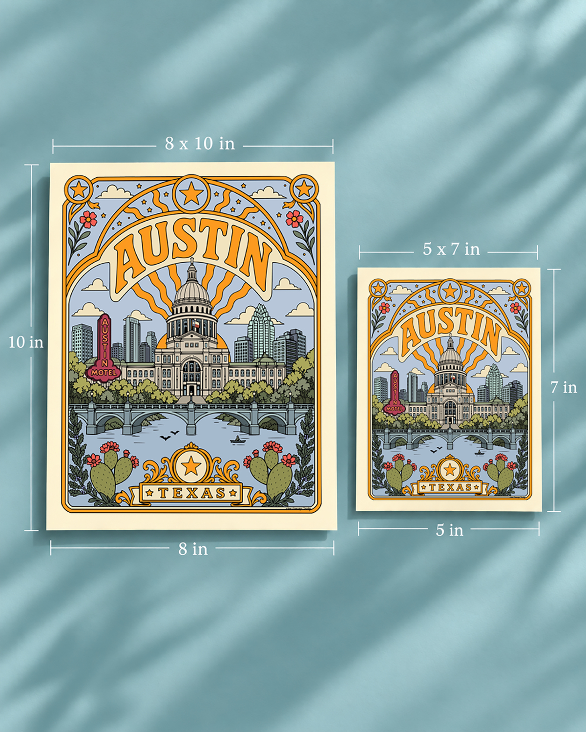 Austin Texas art print shown unframed in 8x10 and 5x7 sizes for scale comparison.