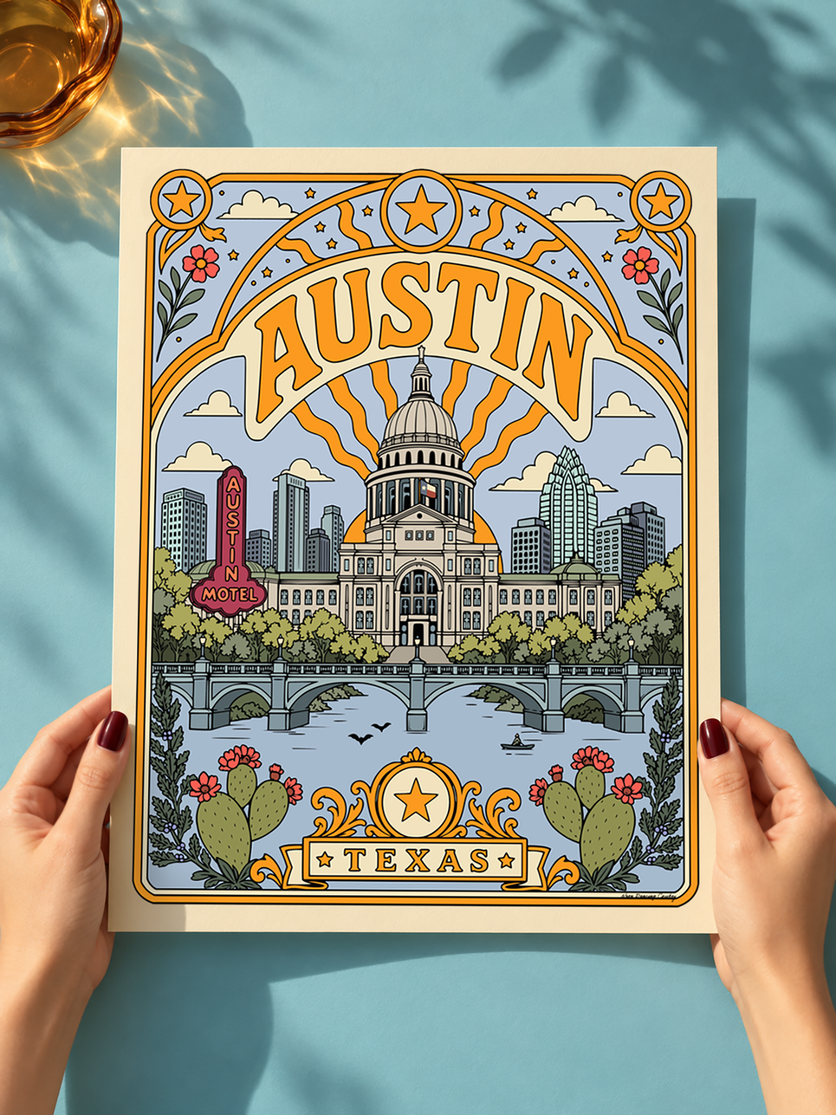 Austin Texas art print featuring the Texas Capitol, Austin Motel sign, skyline and Congress Avenue Bridge in a colorful vintage-inspired city poster.