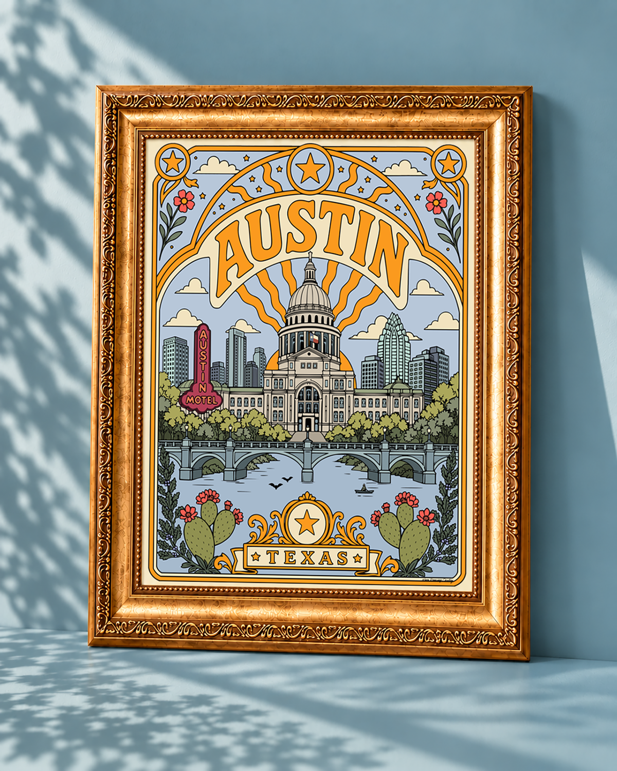 Austin Texas vintage-style poster displayed without a mat in an ornate antique-style gold frame.