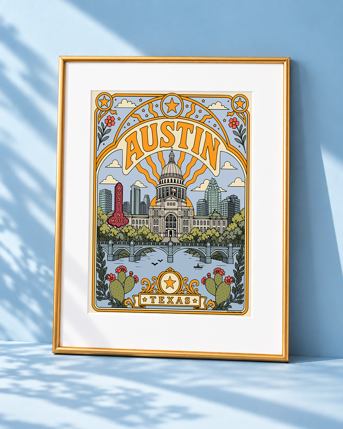 Austin Texas wall art displayed with a white mat in a slim modern gold frame.