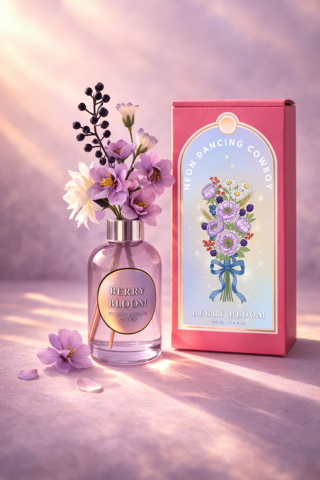 Berry Bloom reed diffuser with lavender stems displayed beside a pink illustrated box.