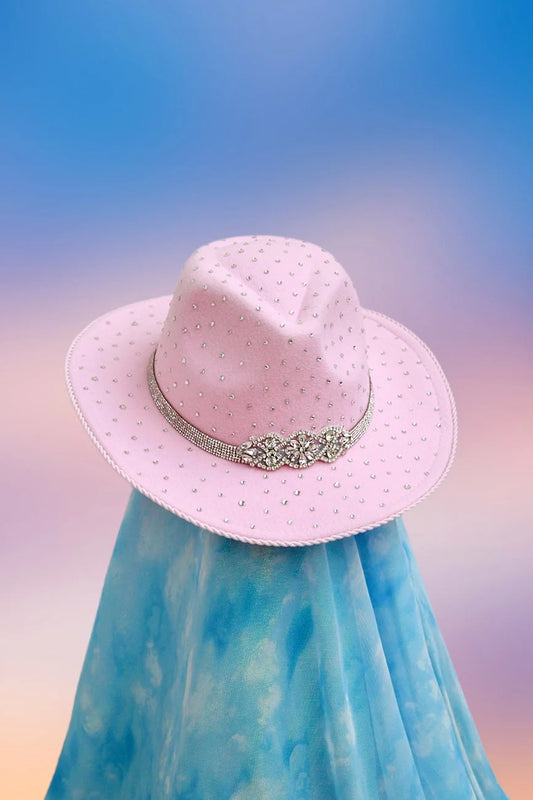 Front angle of pink fedora covered in silver rhinestones with a crystal band.