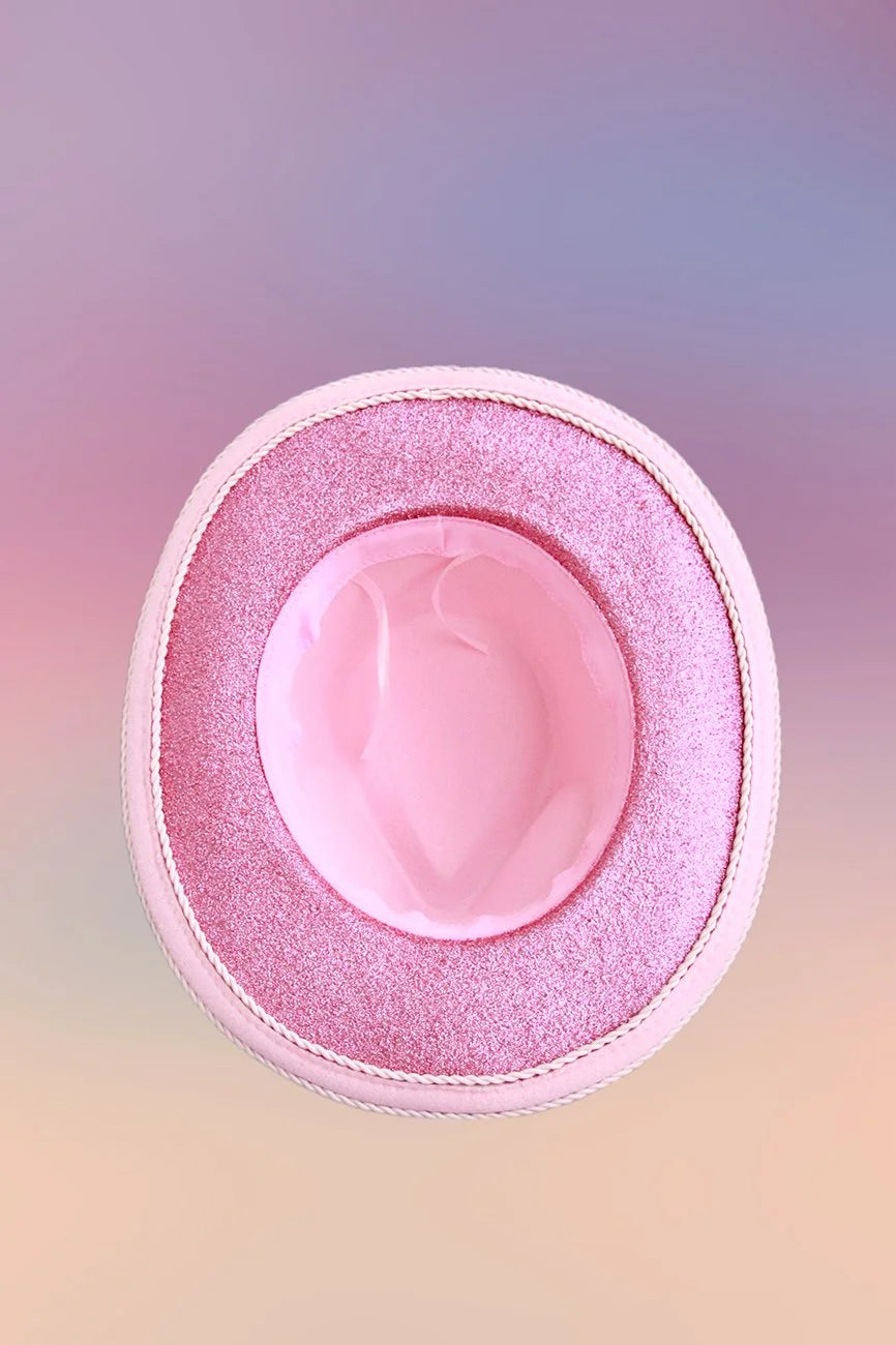 Back view of baby pink embellished fedora with scattered rhinestones.