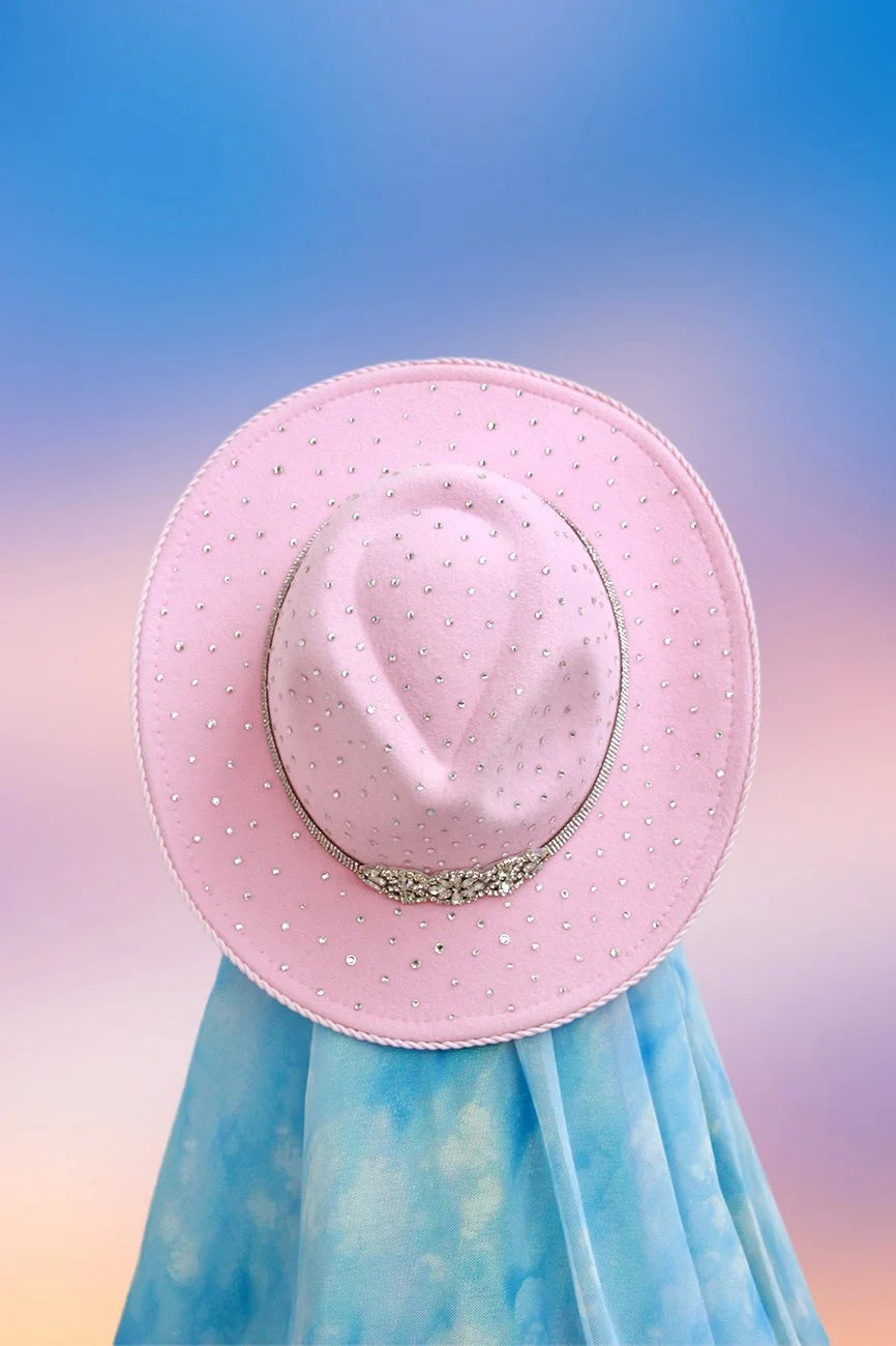 Top view of baby pink fedora with sparkling pink glitter underbrim.