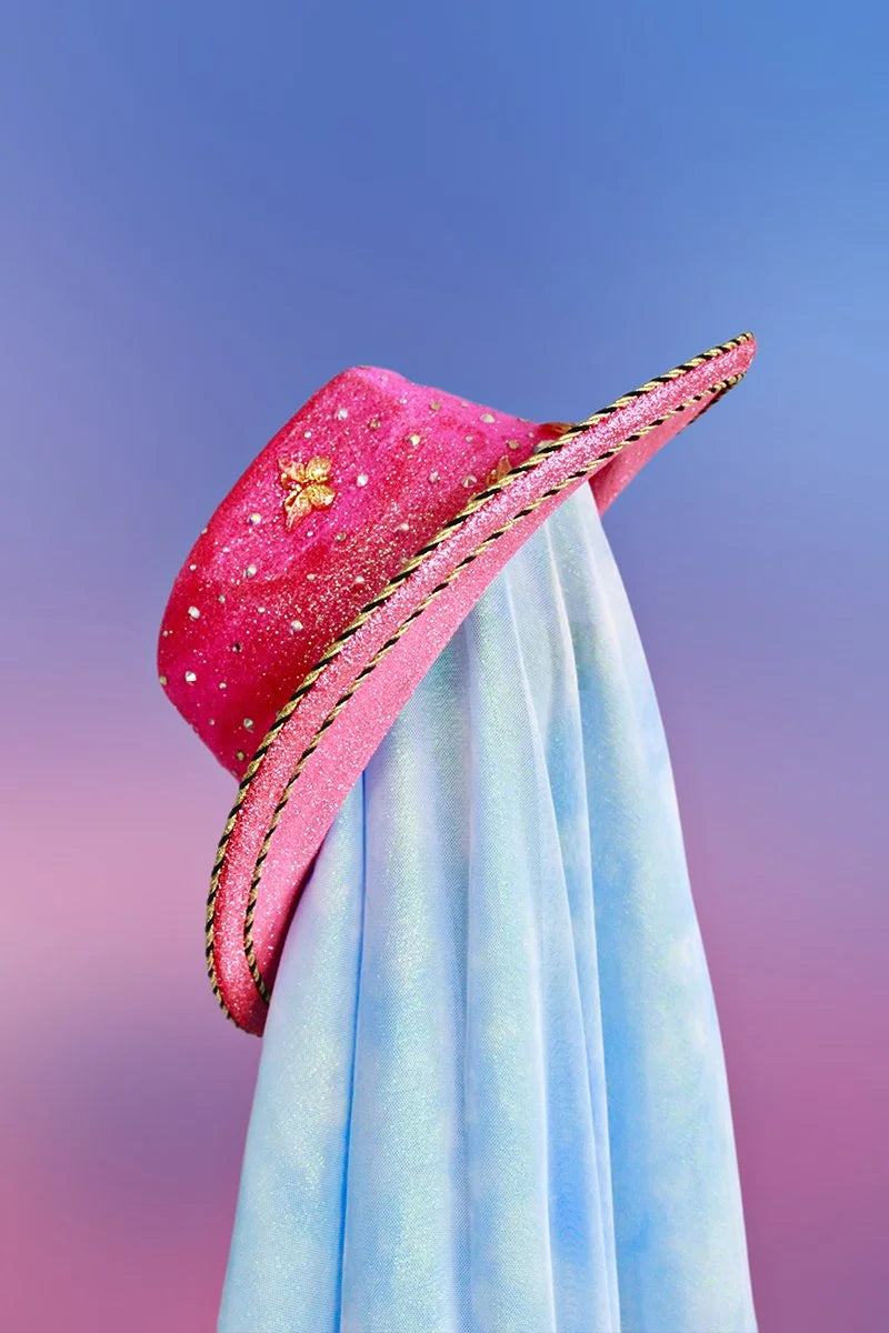 Butterfly Garden cowboy hat featuring pink glitter, rhinestones, and orange butterfly embellishments.