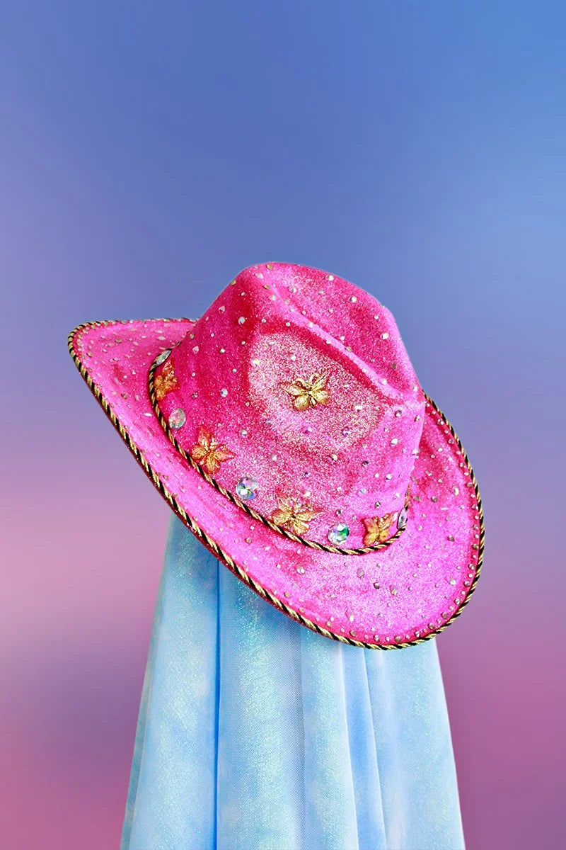 Magenta Butterfly Garden cowboy hat decorated with glitter, rhinestones, and butterfly details, front view.