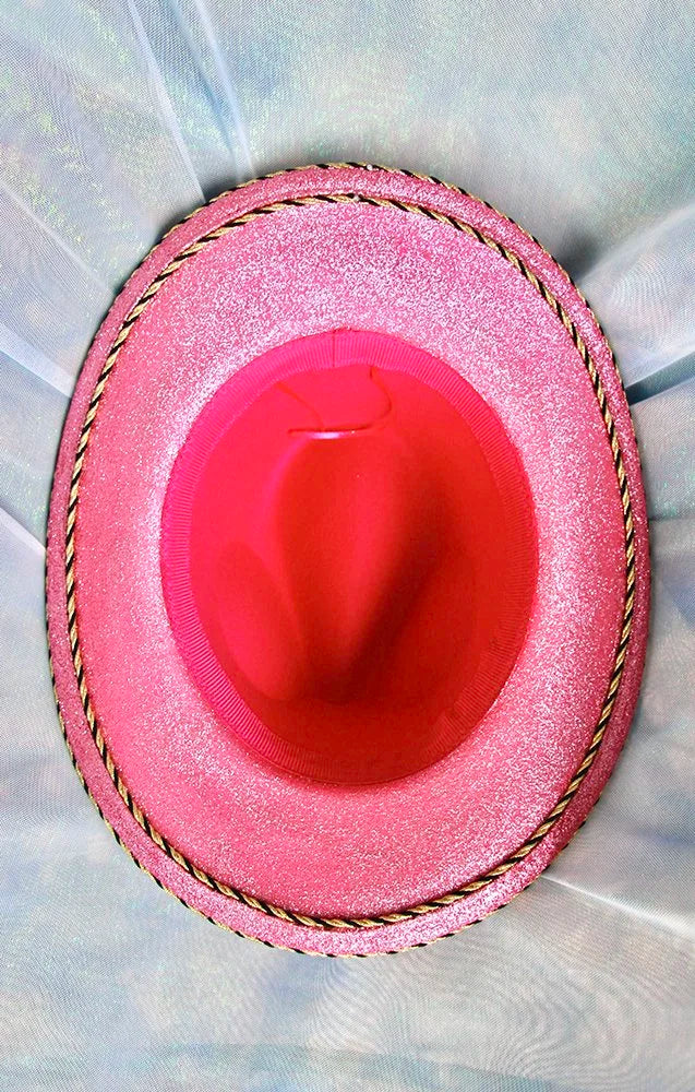 Underside of Butterfly Garden cowboy hat with sealed pink glitter and gold trim.