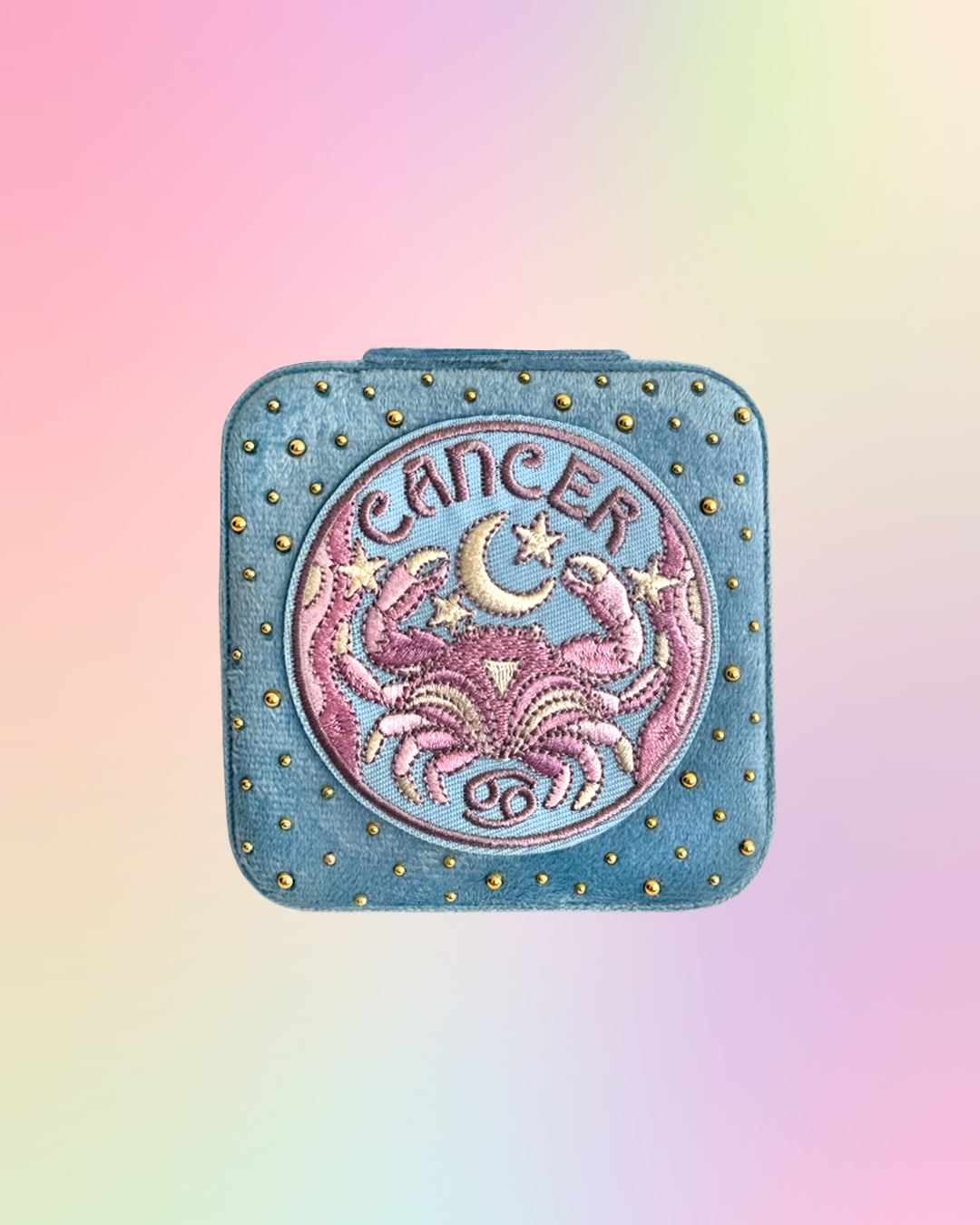 Cancer velvet zodiac jewelry box with embroidered zodiac patch and gold rhinestone details.