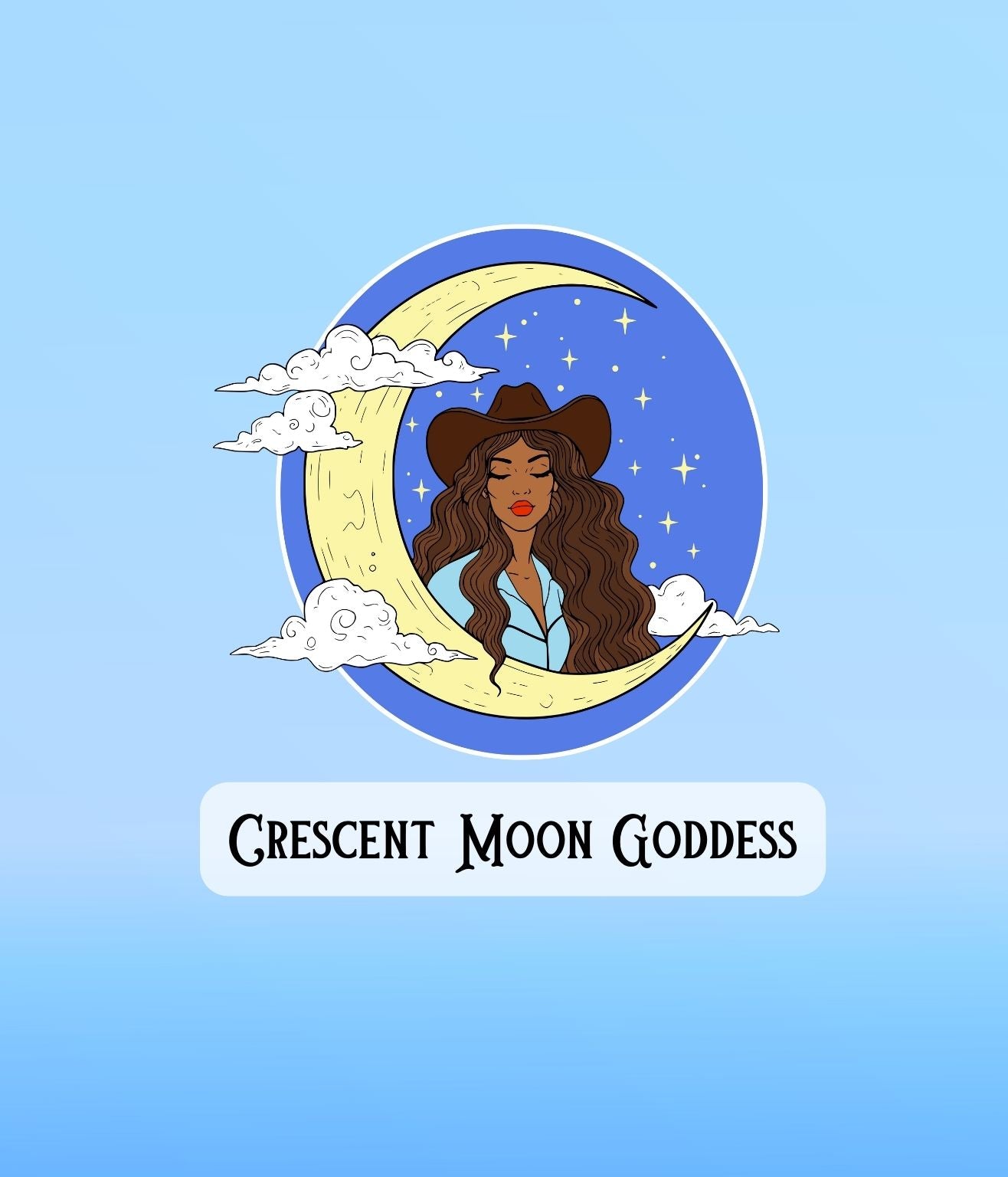 Celestial Cowgirl Crescent Moon Goddess sticker with a cowgirl resting inside a crescent moon surrounded by clouds.