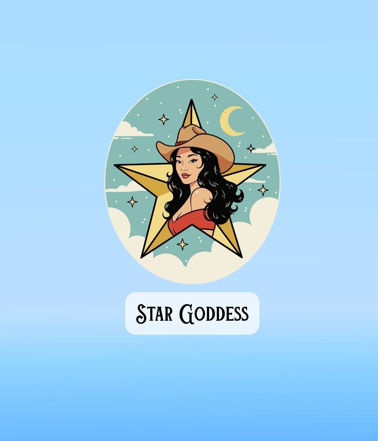 Celestial Cowgirl Star Goddess sticker showing a cowgirl framed by a large golden star and night sky.