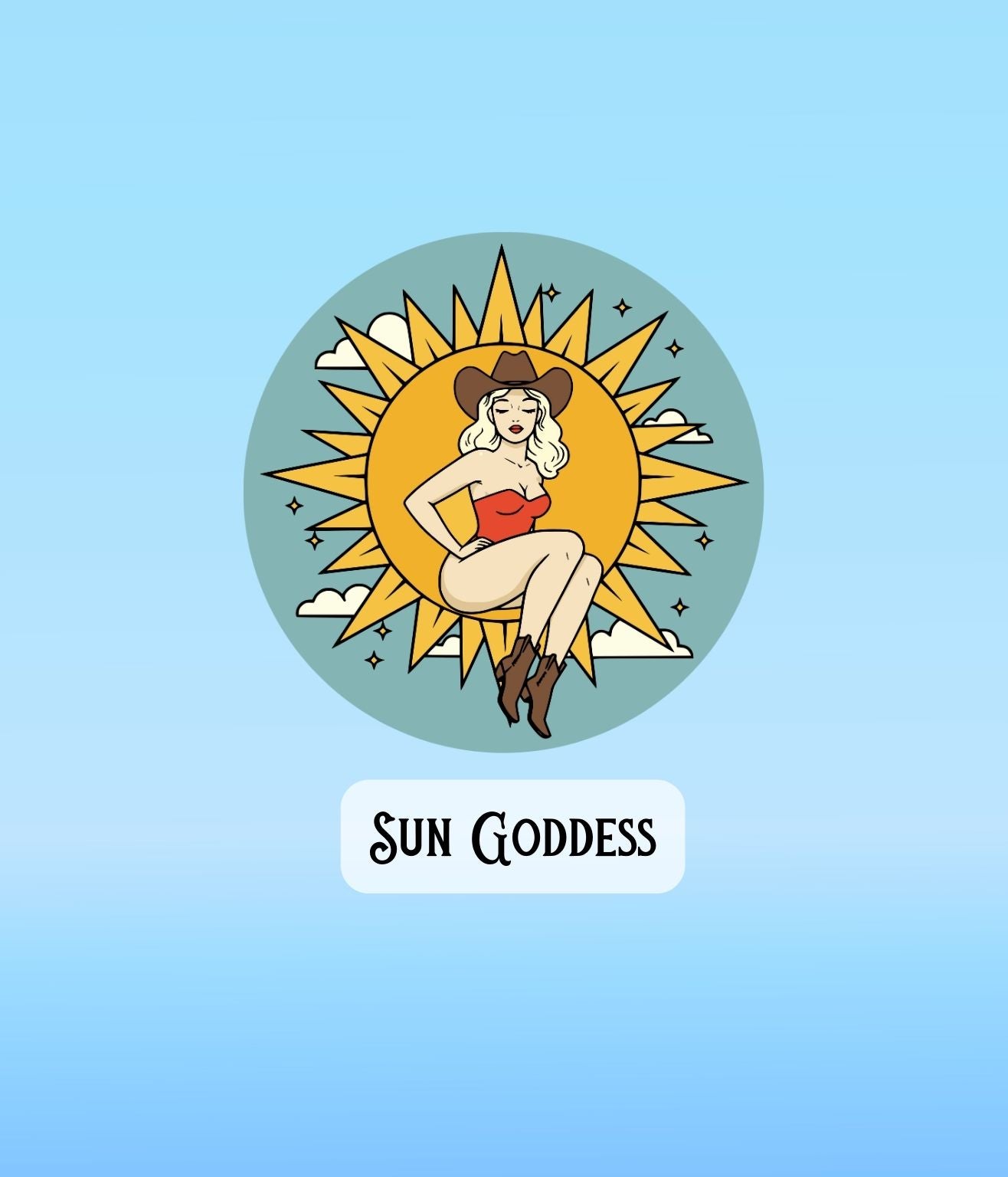 Celestial Cowgirl Sun Goddess sticker featuring a cowgirl sitting in front of a bright illustrated sun.