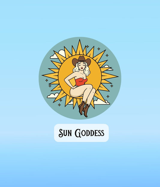 Celestial Cowgirl Sun Goddess sticker featuring a cowgirl sitting in front of a bright illustrated sun.
