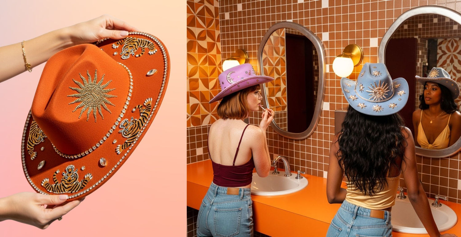 Two women wearing jeweled cowboy hats in a retro tiled bathroom, showcasing crystal-embellished western fashion.