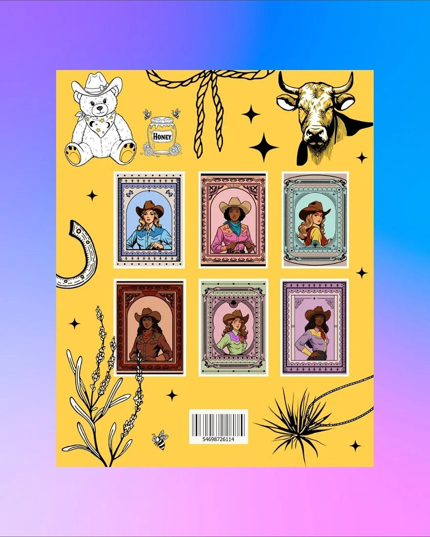 Back cover of Cowgirl Gold coloring book featuring six full-color cowgirl portraits and western illustrations.