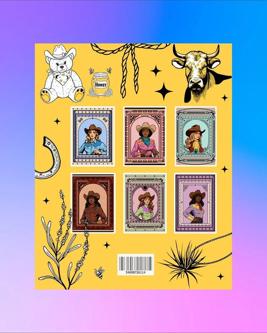 Back cover of Cowgirl Gold coloring book featuring six full-color cowgirl portraits and western illustrations.