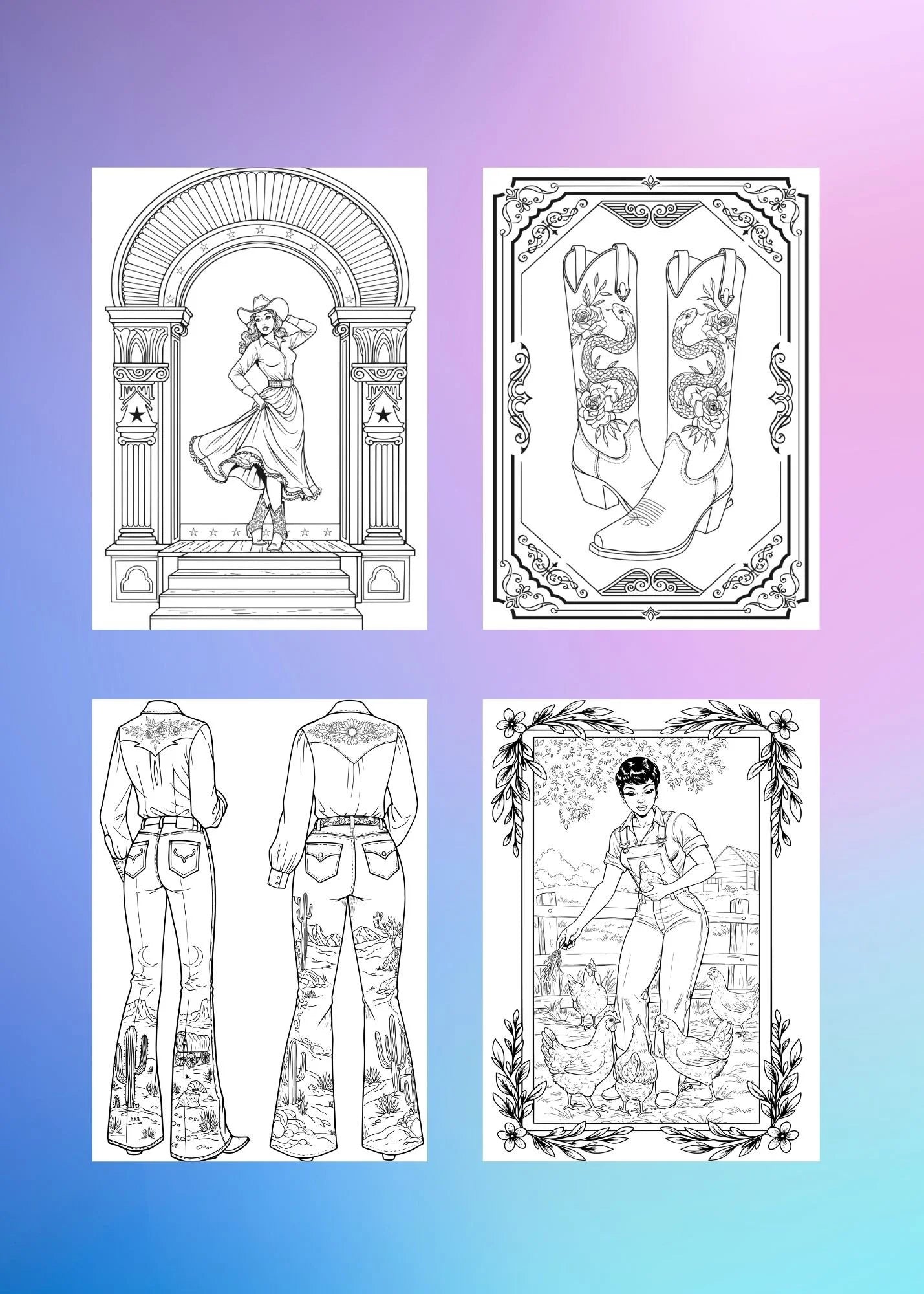 Four illustrated cowgirl portraits arranged in grid format with decorative vintage borders.