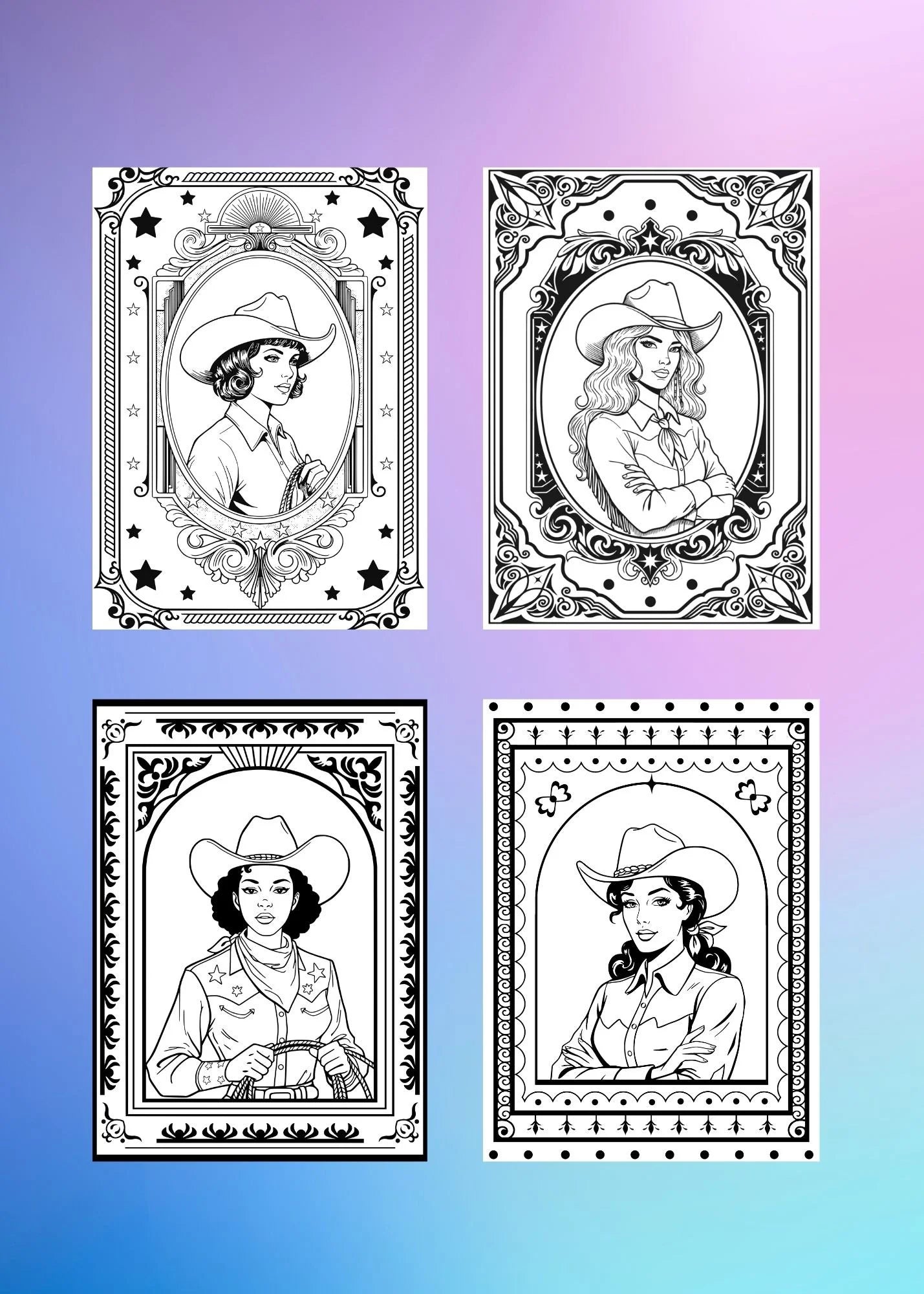Four illustrated cowgirl portraits arranged in a grid format with decorative vintage borders.