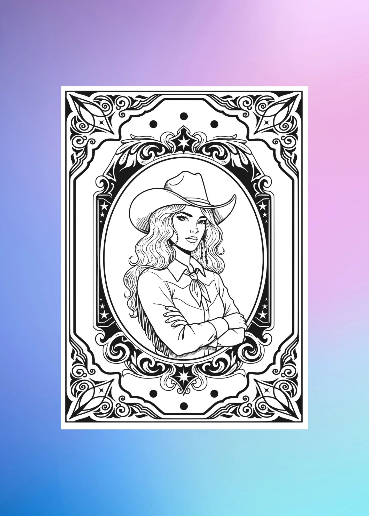 Cowgirl coloring page featuring a confident woman in a hat with a framed western border.