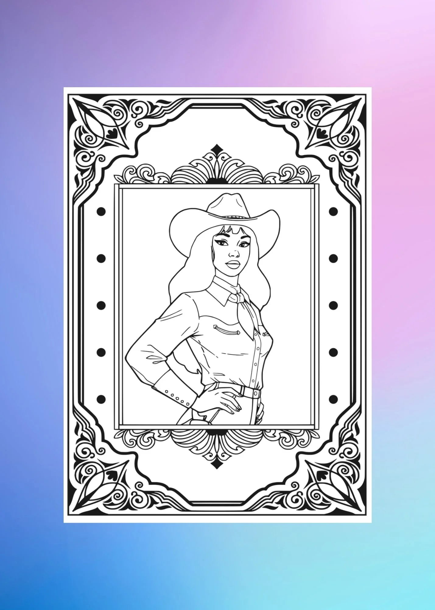 Cowgirl coloring page featuring a strong and confident woman in a hat with a framed western border.