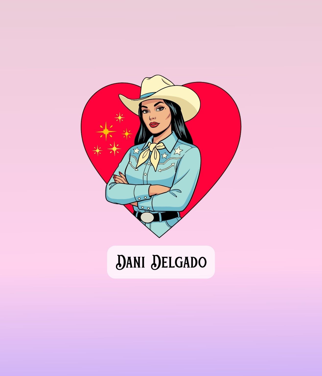 Illustrated Dani Delgado cowgirl sticker with a bright red heart background and Western frame.