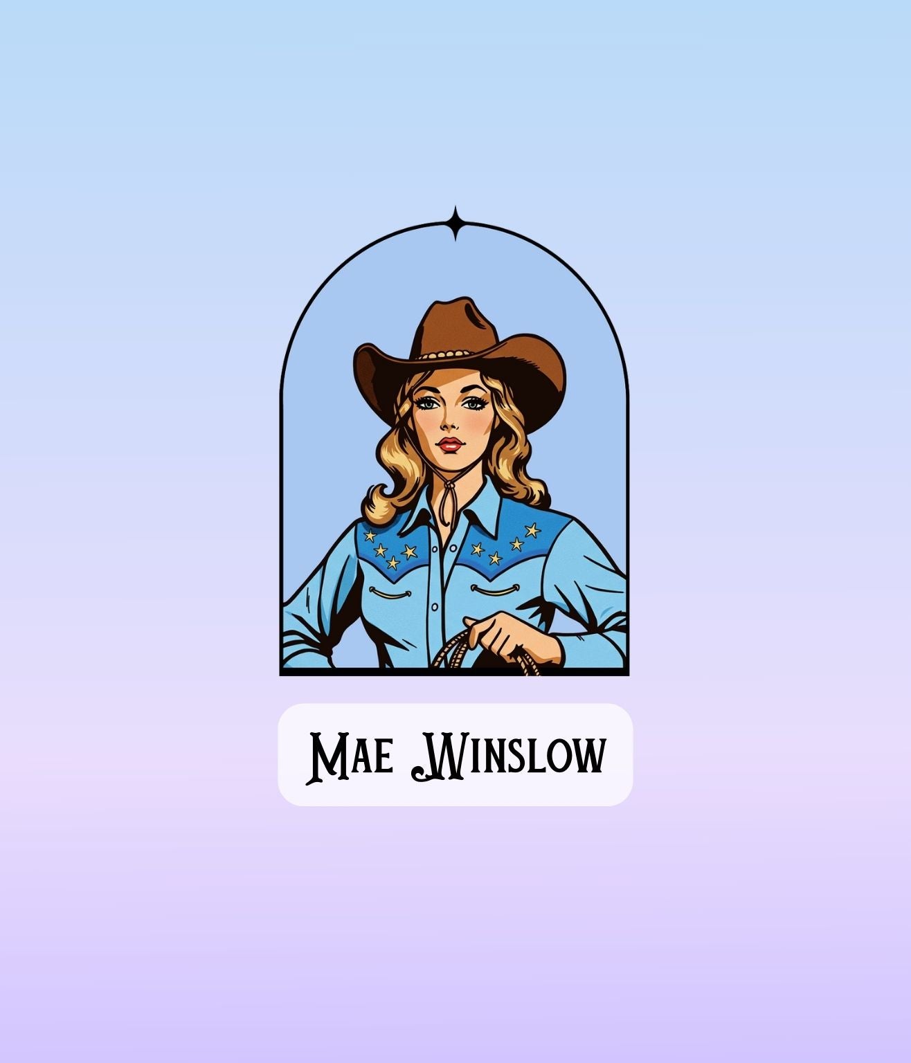 Illustrated Mae Winslow cowgirl sticker featuring a sky blue background and vintage border.