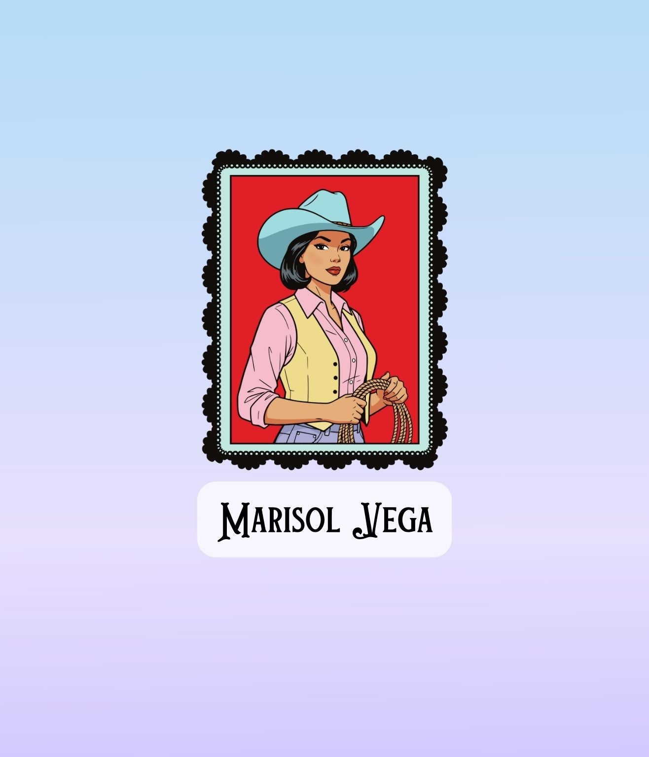 Illustrated Marisol Vega cowgirl sticker with rich red tones and an ornate Western frame.
