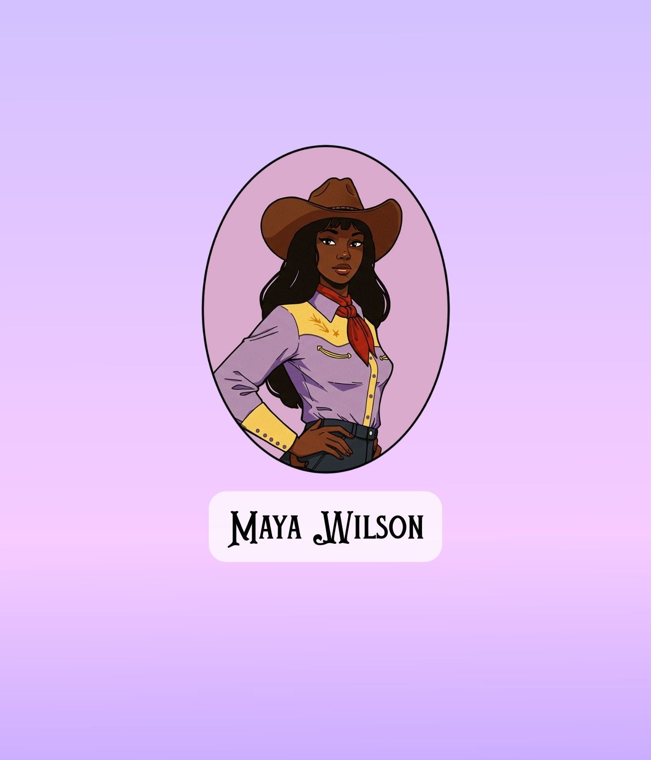 Illustrated Maya Wilson cowgirl sticker with purple tones and decorative Western framing.